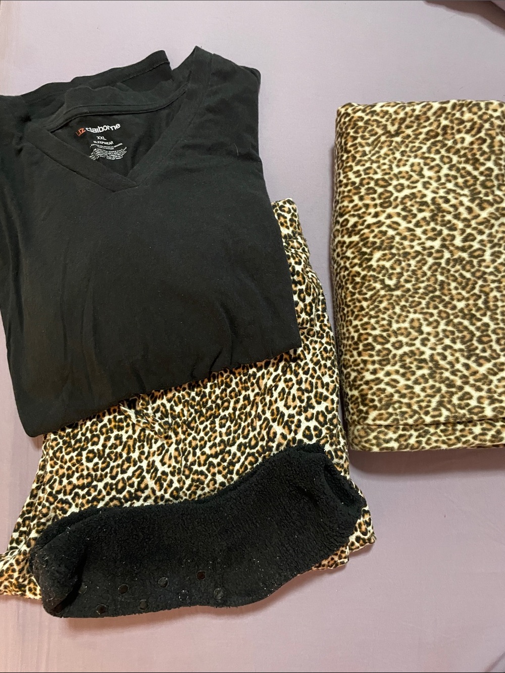 Black V-Neck Top with Leopard Print Pajama Set 4 Pieces